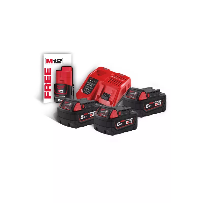 Pack énergie Milwaukee 3 batteries 5Ah avec chargeur Pack énergie Milwaukee 3 batteries 5Ah avec chargeur
